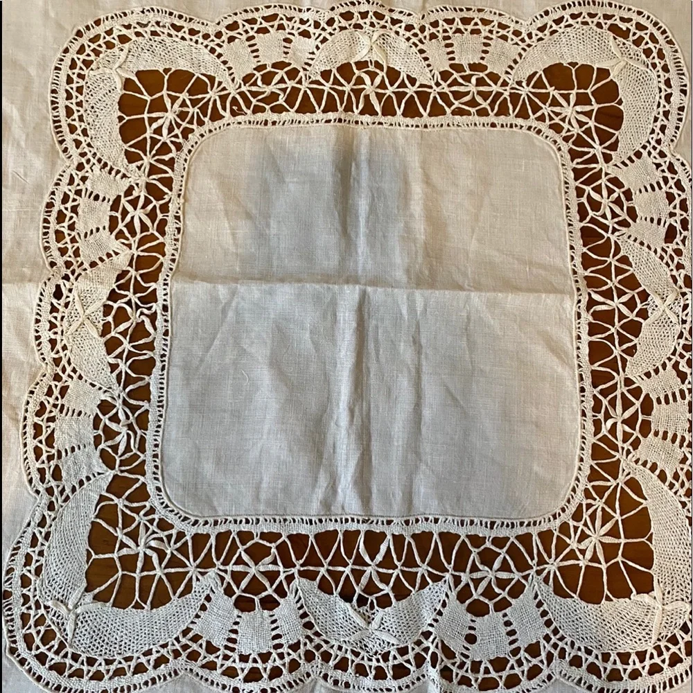 Vintage Cream Linen Tablecloth Heavy Battenberg Lace Inset Scalloped Edge 44x46